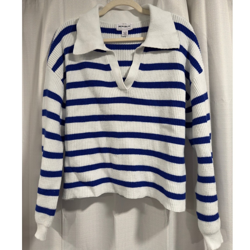 For The Republic Womens‎ XL Striped Knit Polo Sweater Blue White XL